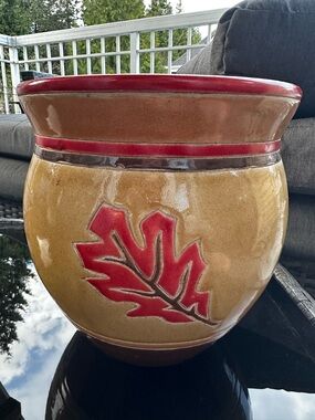 Ceramic Planter with Red Leaf Accent
